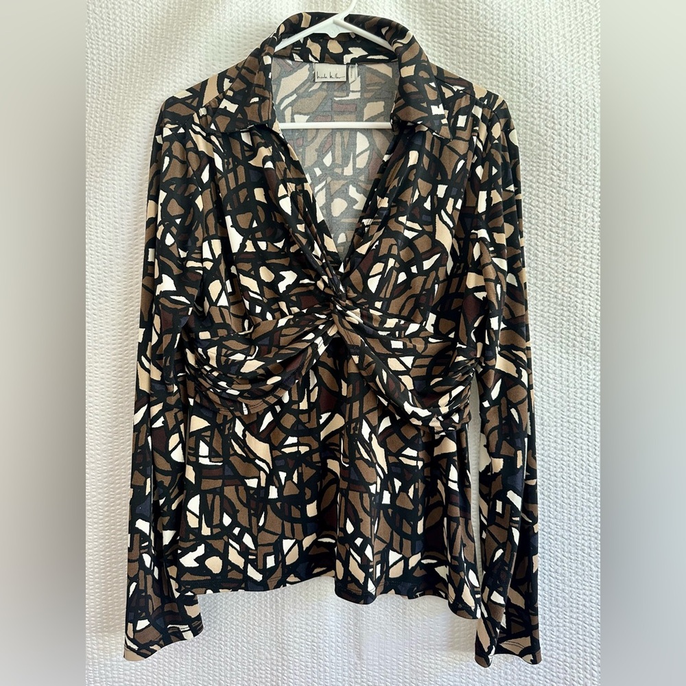 NICOLE MILLER Black Brown Cream Abstract Print Long Sleeve Blouse Size Large